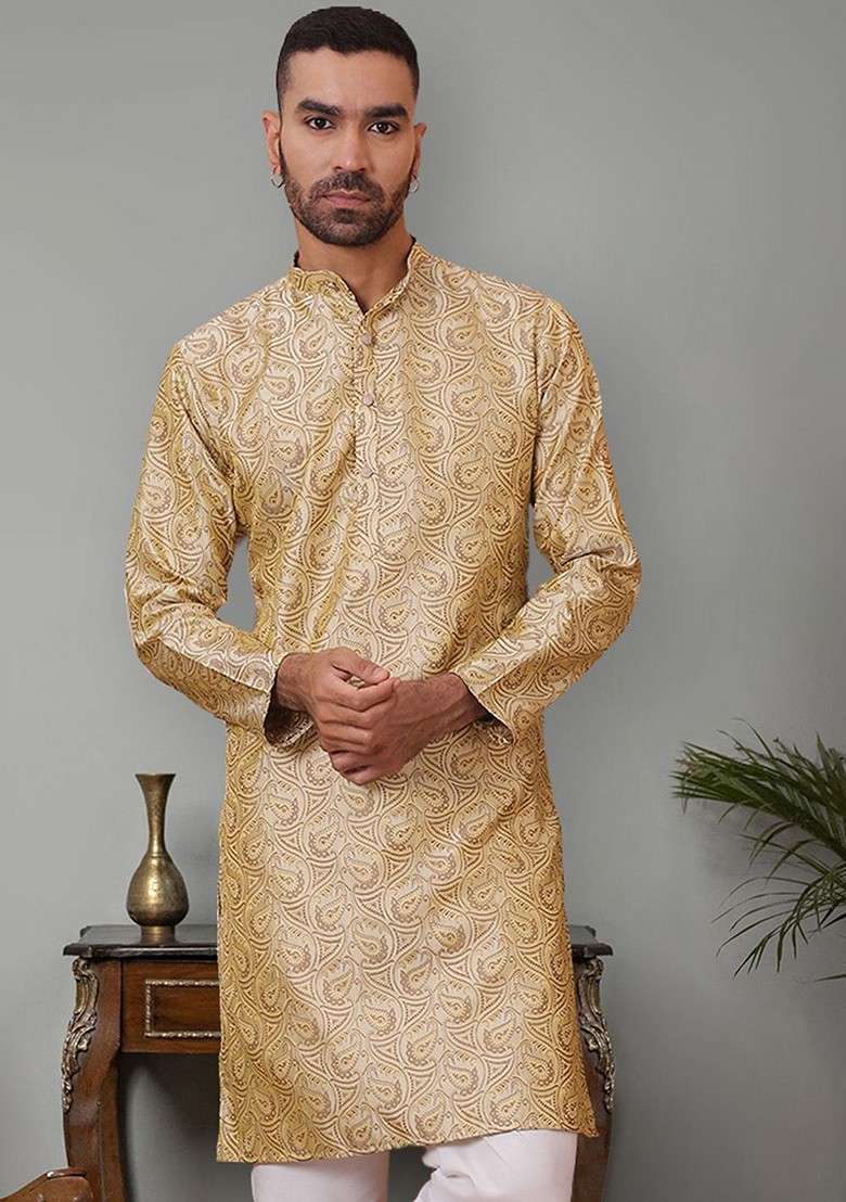 Gold Printed Poly Blend Kurta For Men - Indya