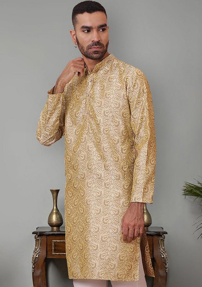 Gold Printed Poly Blend Kurta For Men