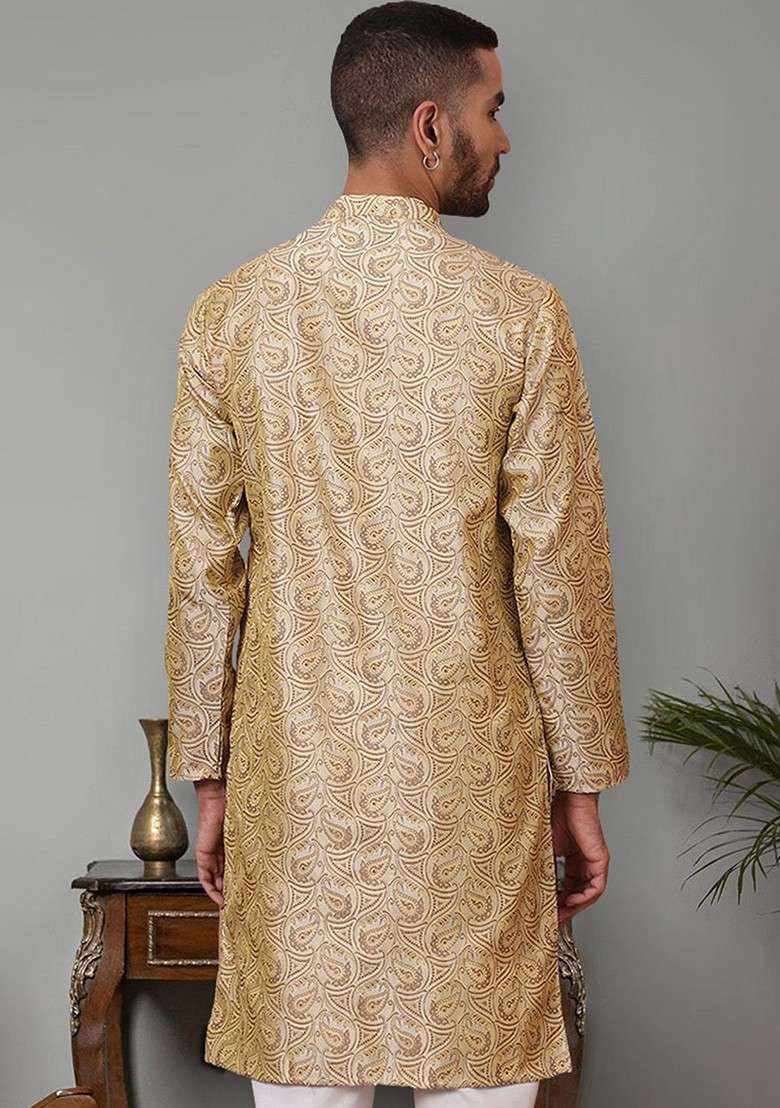 Gold Printed Poly Blend Kurta For Men - Indya