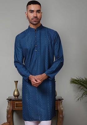 Teal Blue Embroidered Poly Blend Kurta For Men