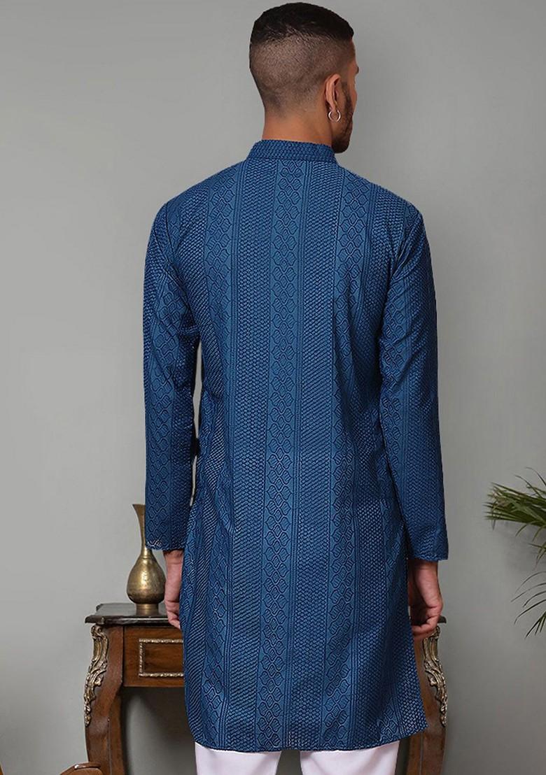 Teal Blue Embroidered Poly Blend Kurta For Men