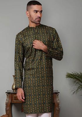 Olive Embroidered Poly Blend Kurta For Men