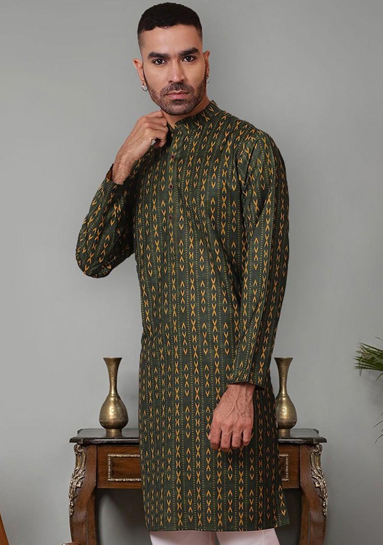 Olive Embroidered Poly Blend Kurta For Men
