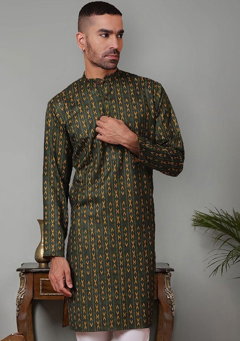 Olive Embroidered Poly Blend Kurta For Men