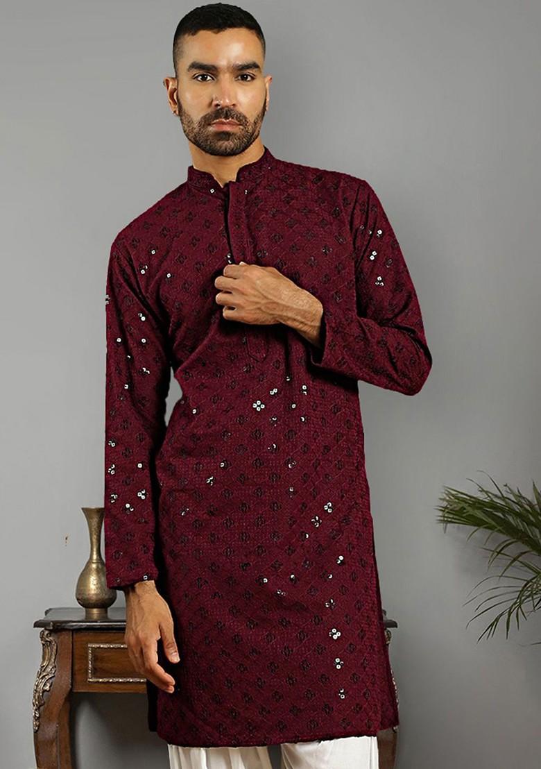 Purple Embroidered Poly Blend Kurta For Men