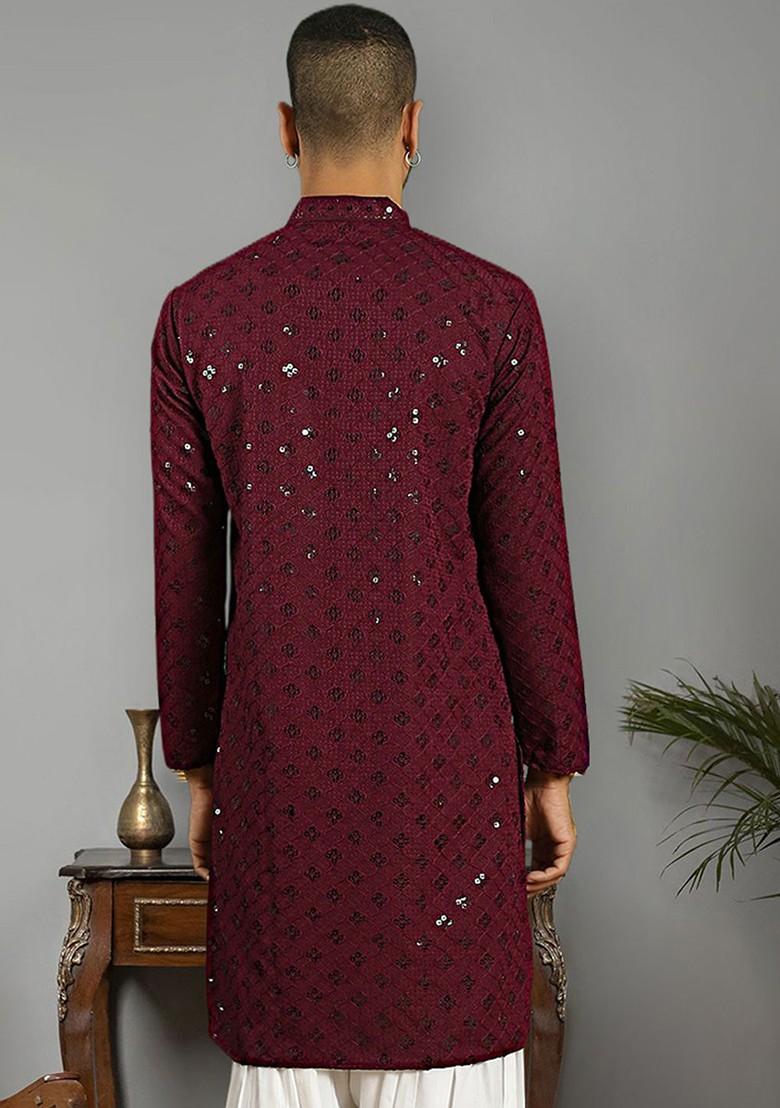 Purple Embroidered Poly Blend Kurta For Men