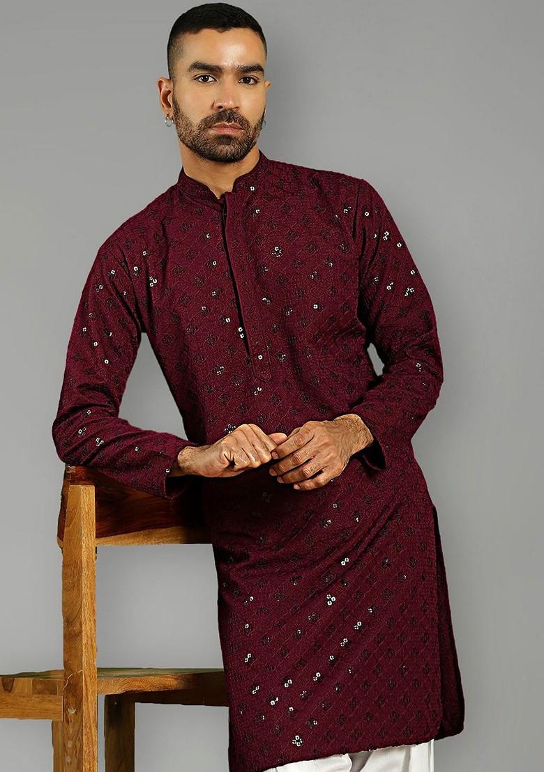 Purple Embroidered Poly Blend Kurta For Men