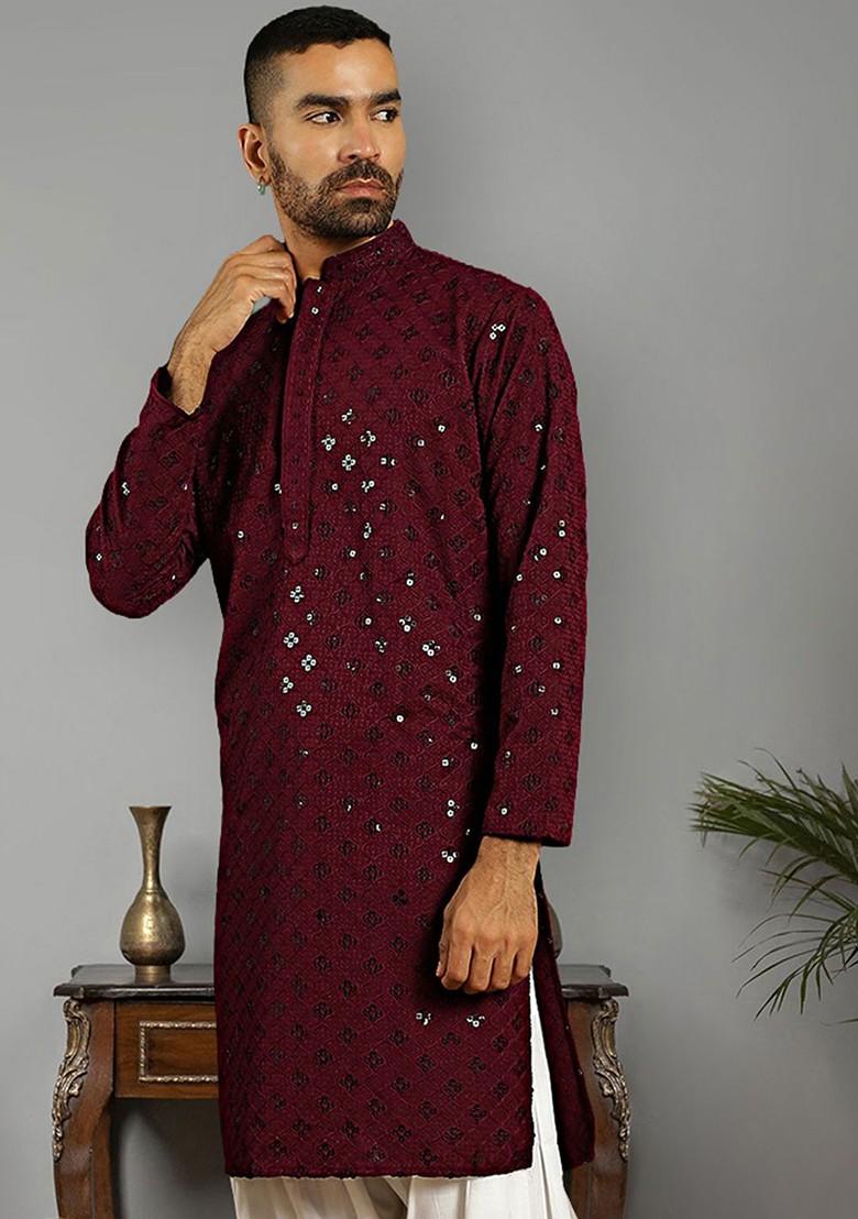 Purple Embroidered Poly Blend Kurta For Men