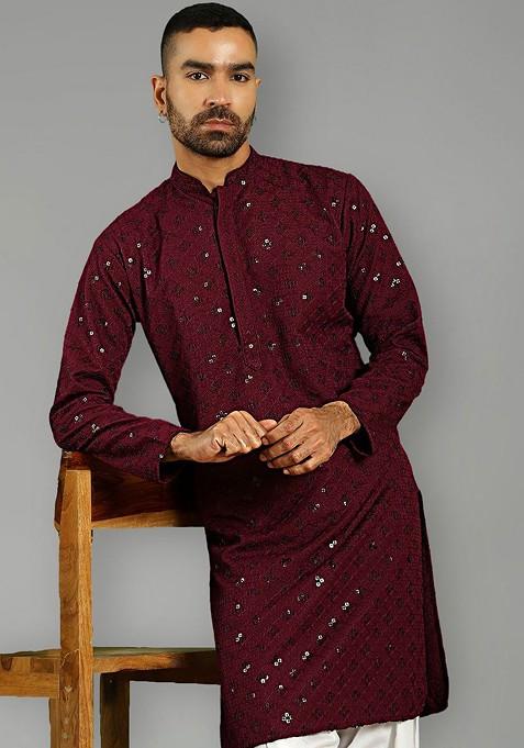 Purple Embroidered Poly Blend Kurta For Men
