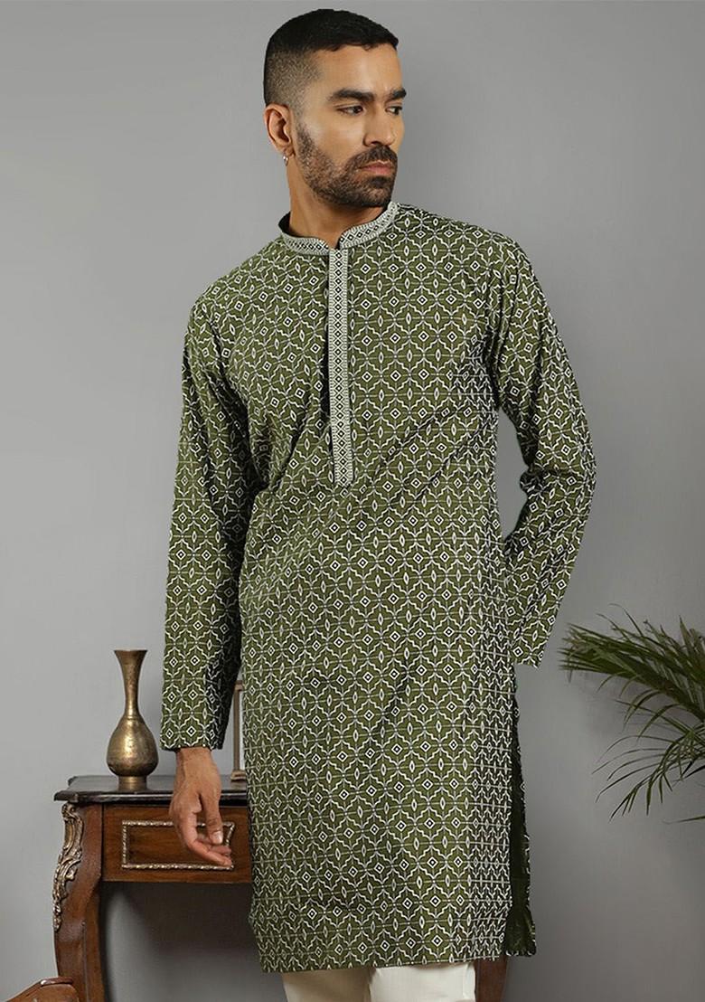 Olive Embroidered Poly Blend Kurta For Men