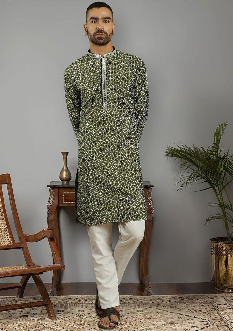 Olive Embroidered Poly Blend Kurta For Men