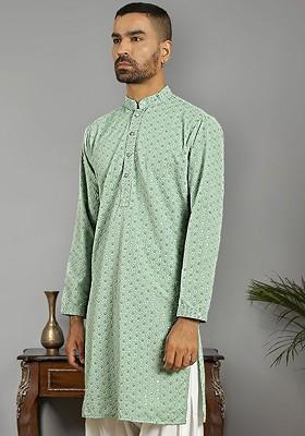 Green Embroidered Poly Blend Kurta For Men