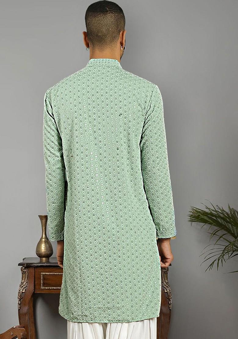 Green Embroidered Poly Blend Kurta For Men