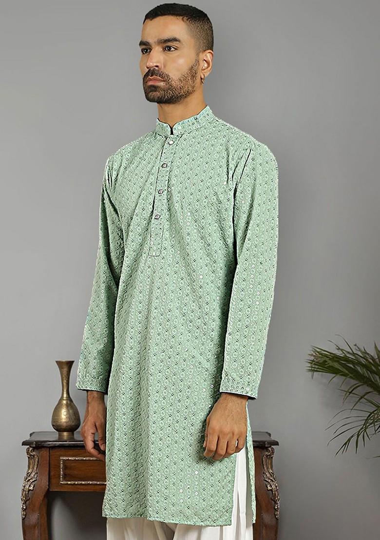 Green Embroidered Poly Blend Kurta For Men