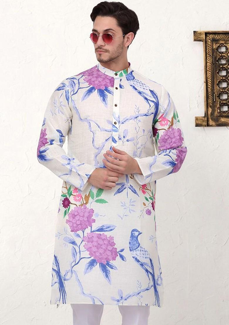 White Printed Poly Blend Kurta For Men