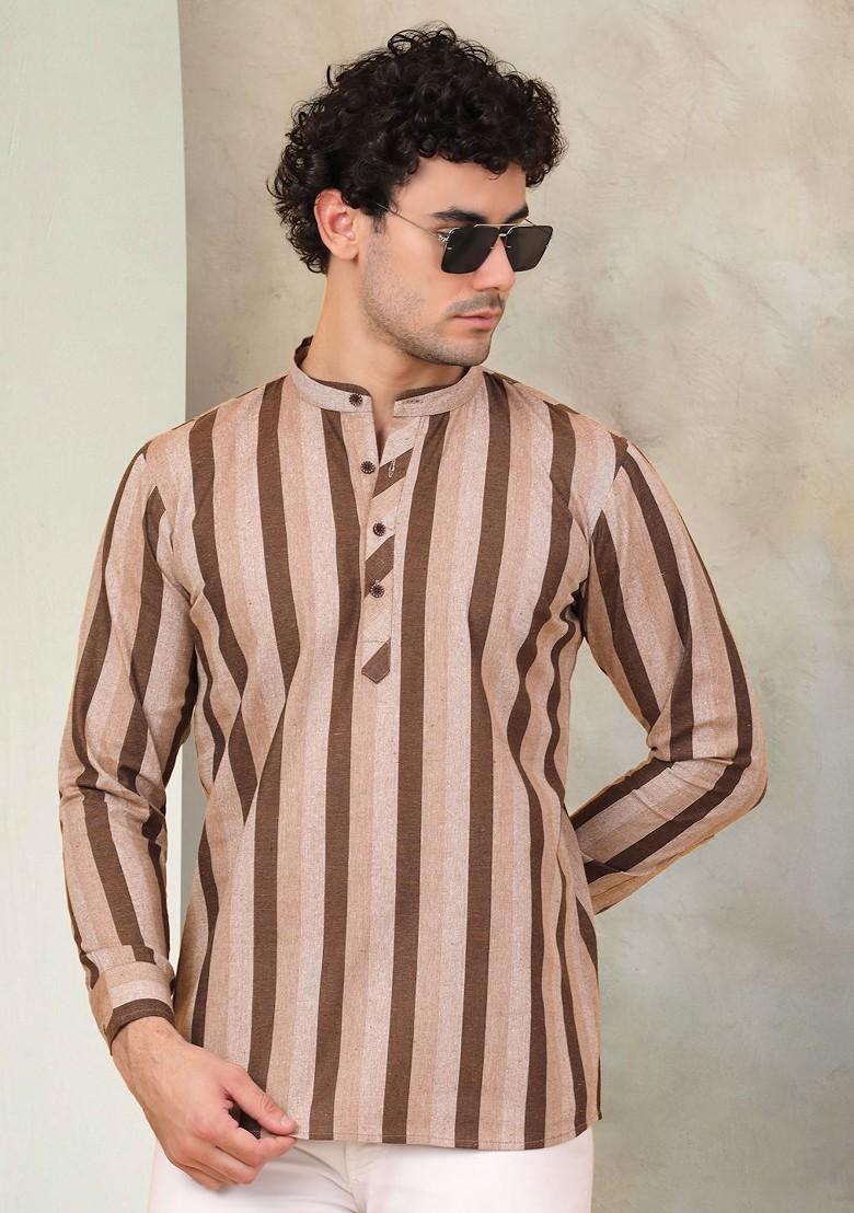 Beige Embroidered Poly Blend Kurta For Men
