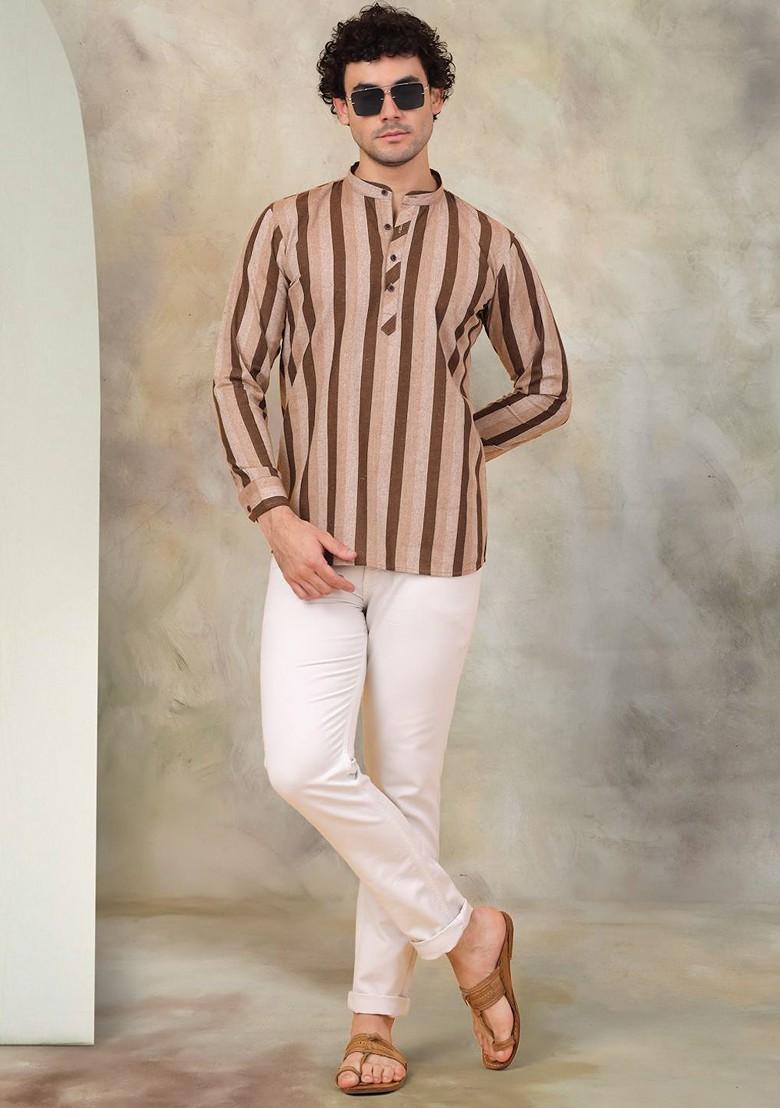 Beige Embroidered Poly Blend Kurta For Men
