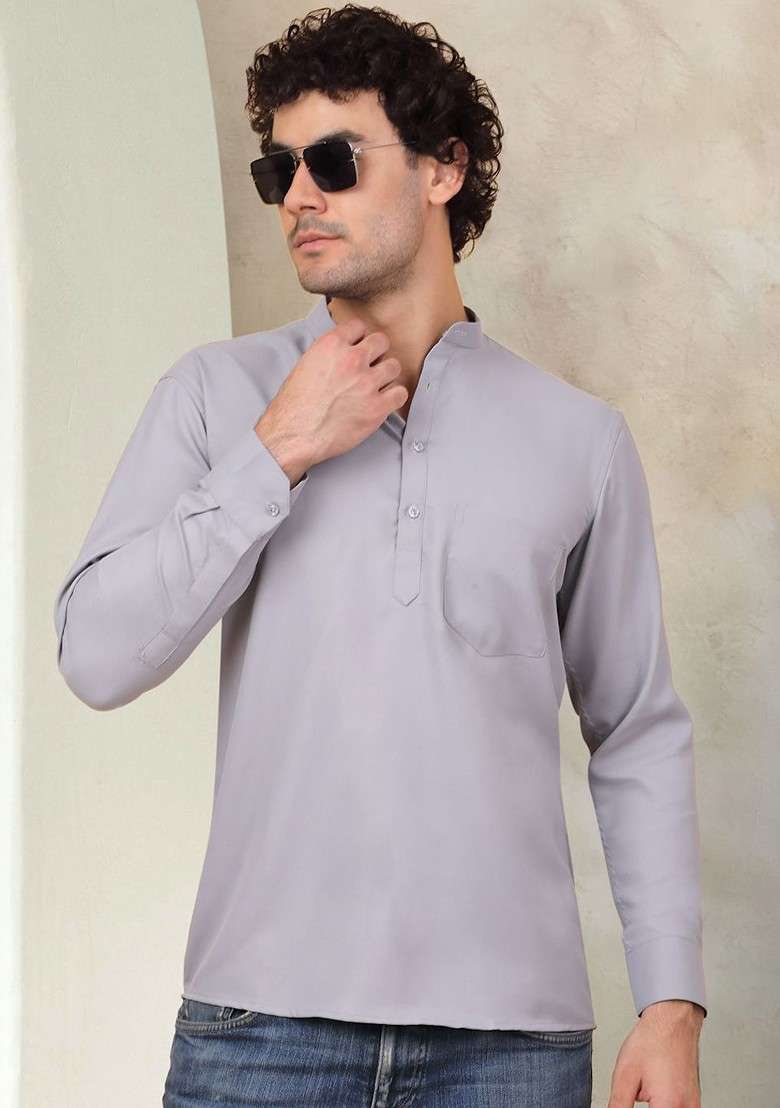 Grey Embroidered Poly Blend Kurta For Men - Indya