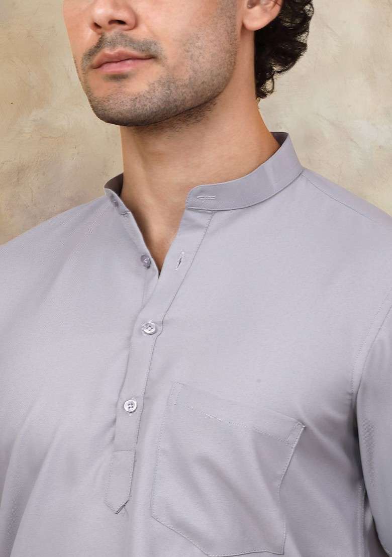Grey Embroidered Poly Blend Kurta For Men - Indya