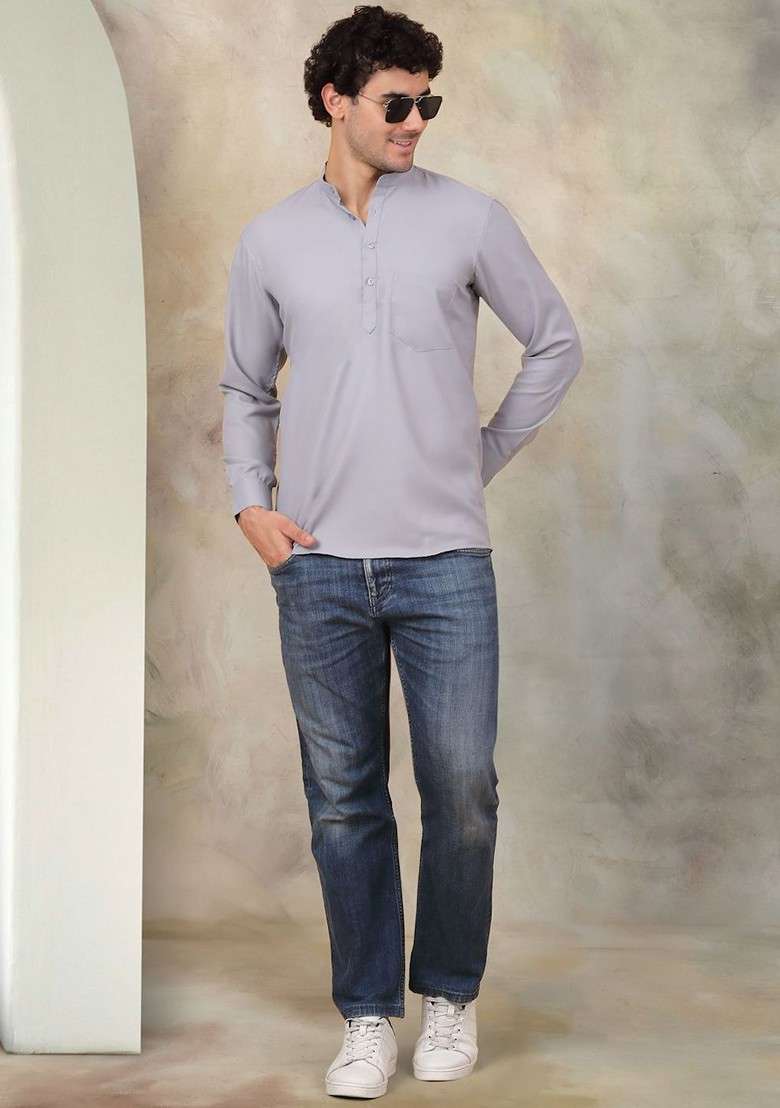 Grey Embroidered Poly Blend Kurta For Men - Indya