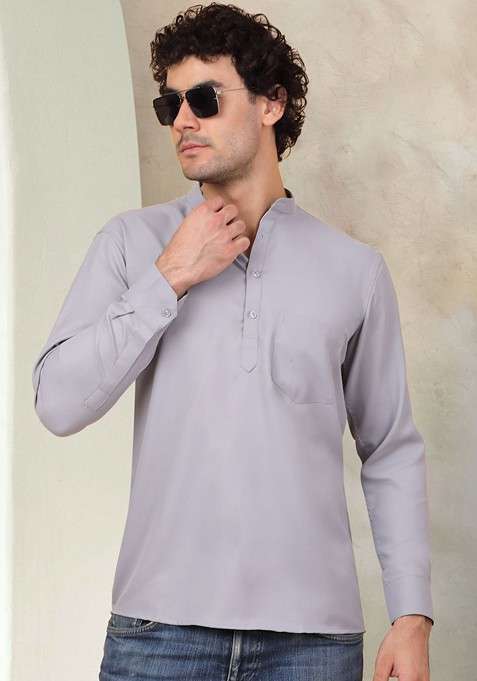 Grey Embroidered Poly Blend Kurta For Men