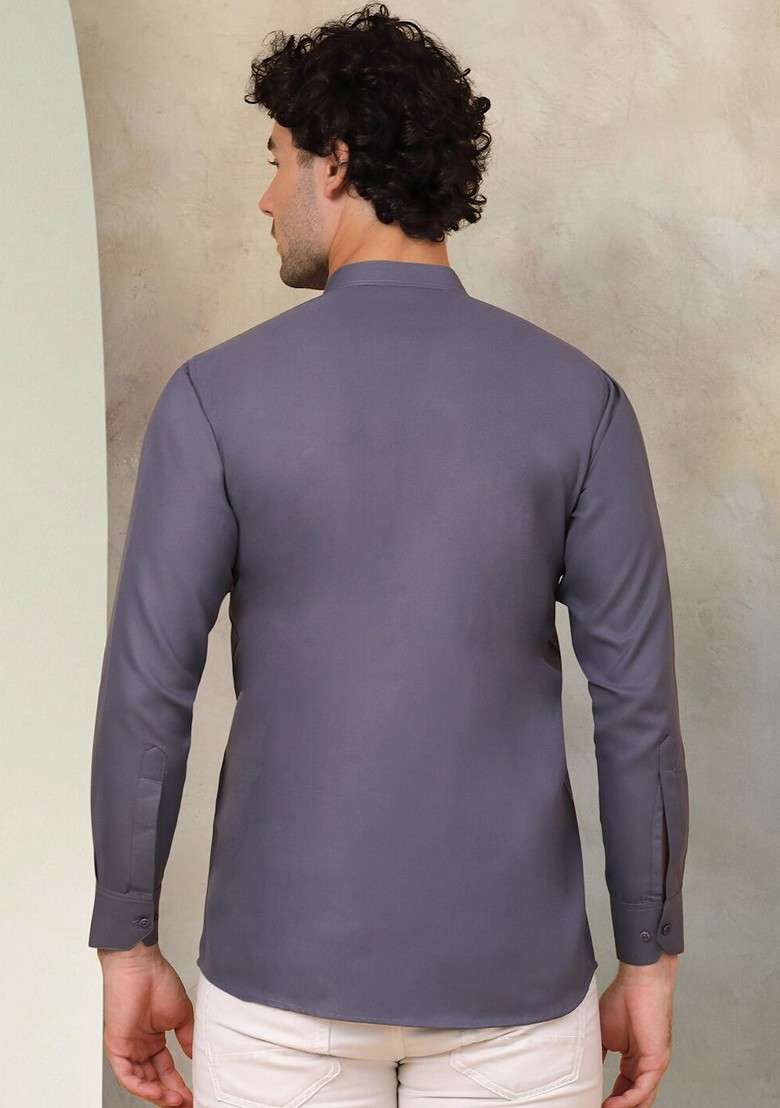 Grey Embroidered Poly Blend Kurta For Men - Indya