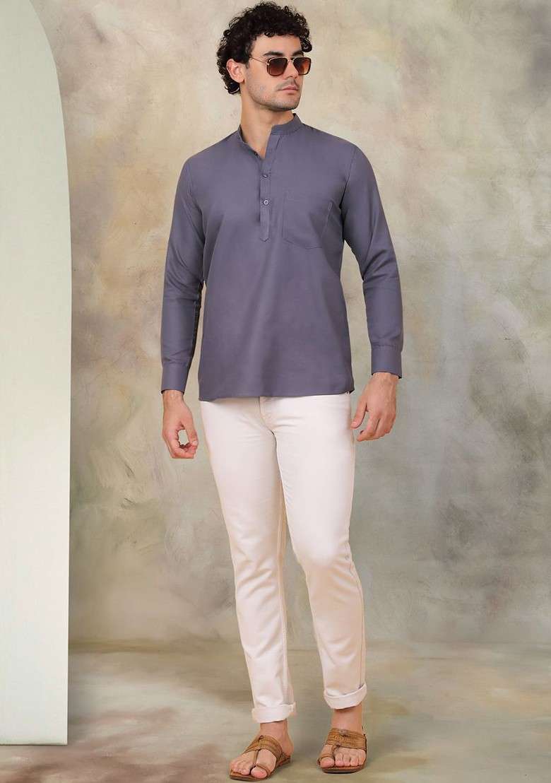 Grey Embroidered Poly Blend Kurta For Men - Indya