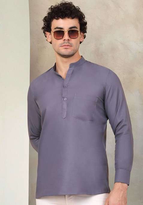 Grey Embroidered Poly Blend Kurta For Men