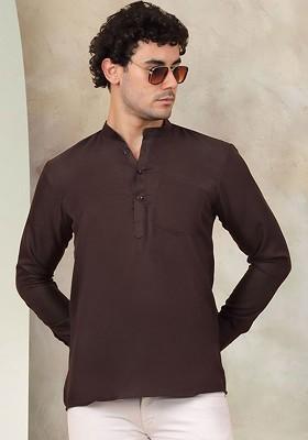Coffee Brown Embroidered Poly Blend Kurta For Men