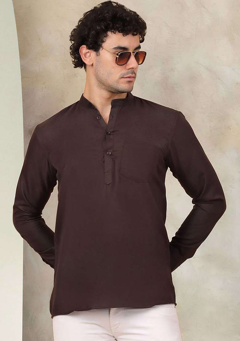Coffee Brown Embroidered Poly Blend Kurta For Men - Indya