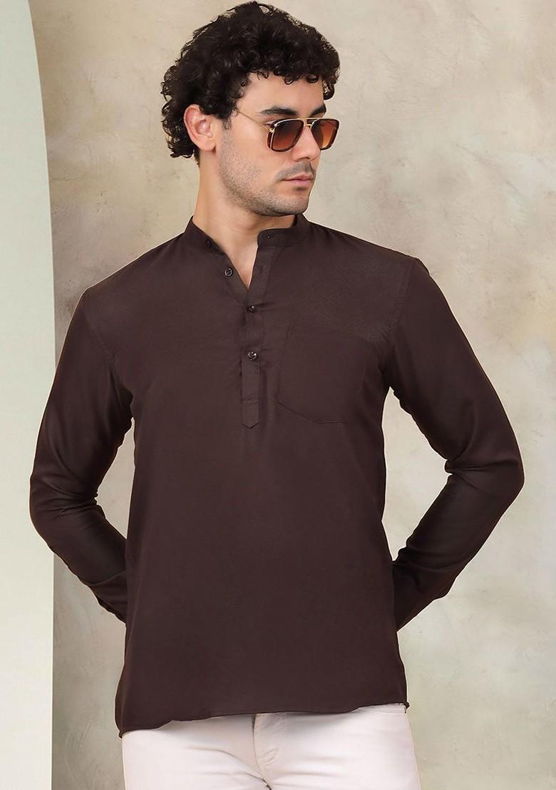Coffee Brown Embroidered Poly Blend Kurta For Men