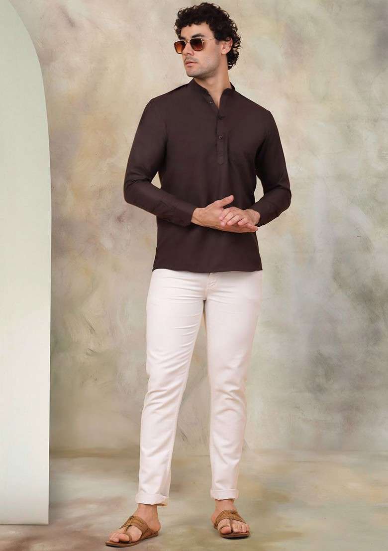 Coffee Brown Embroidered Poly Blend Kurta For Men - Indya