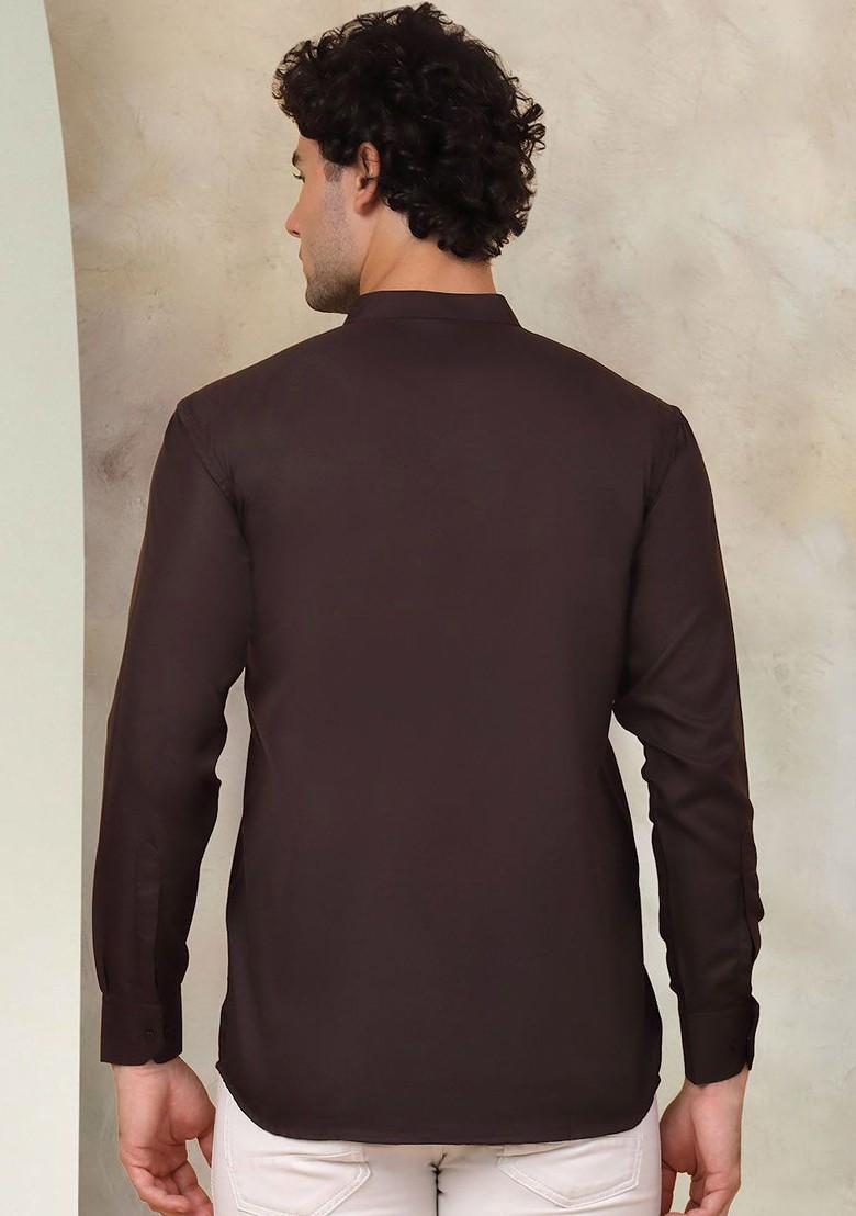 Coffee Brown Embroidered Poly Blend Kurta For Men