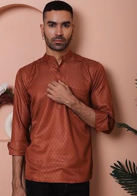 Brown Woven Design Poly Blend Kurta For Men
