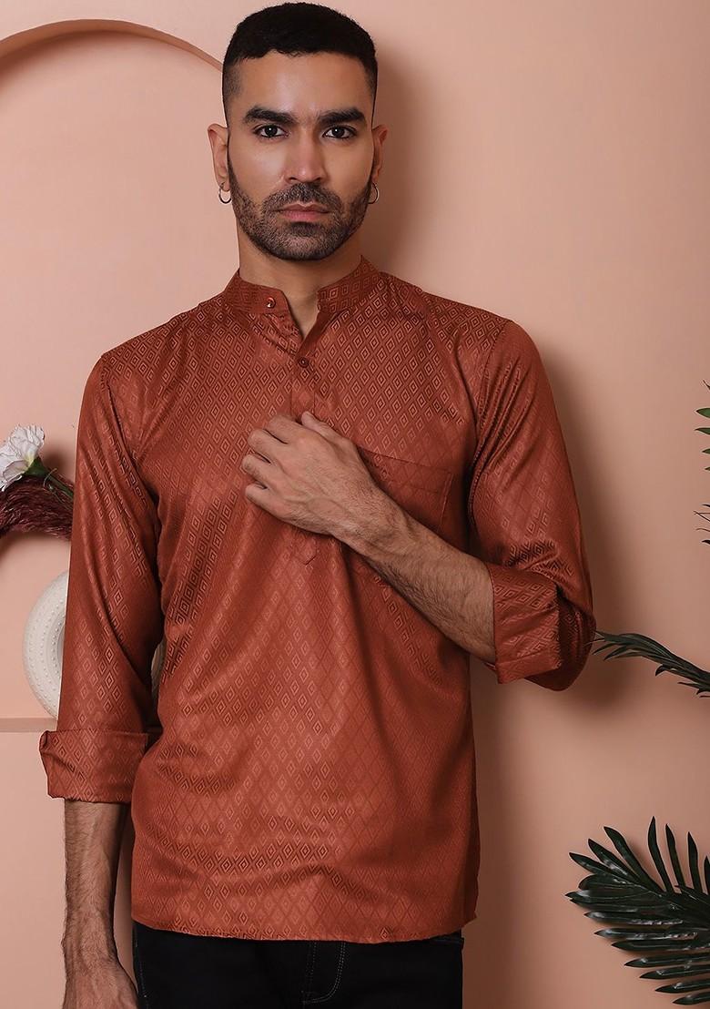 Brown Woven Design Poly Blend Kurta For Men