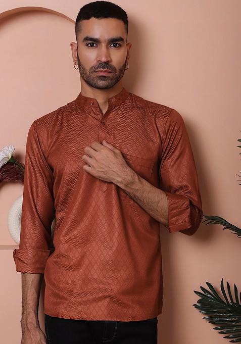 Brown Woven Design Poly Blend Kurta For Men — view on Indya