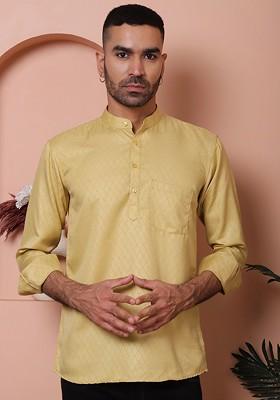 Beige Embroidered Poly Blend Kurta For Men
