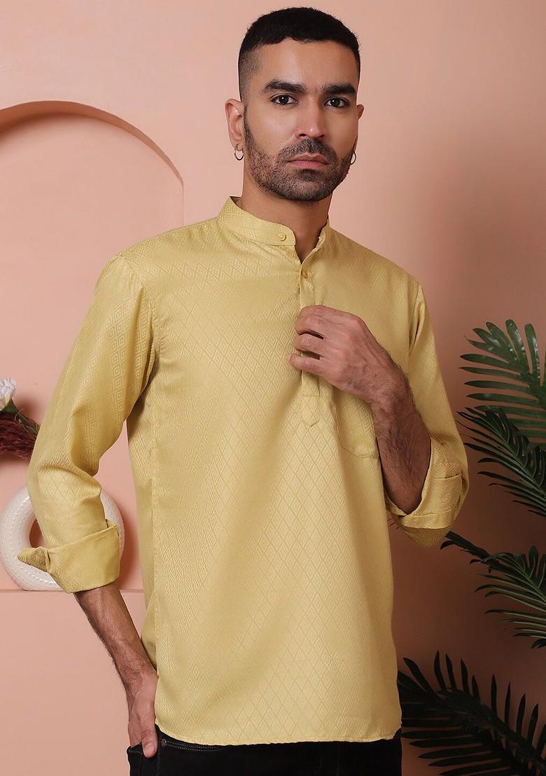 Beige Embroidered Poly Blend Kurta For Men