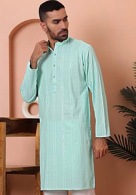 Turquoise Blue Embroidered Poly Blend Kurta For Men