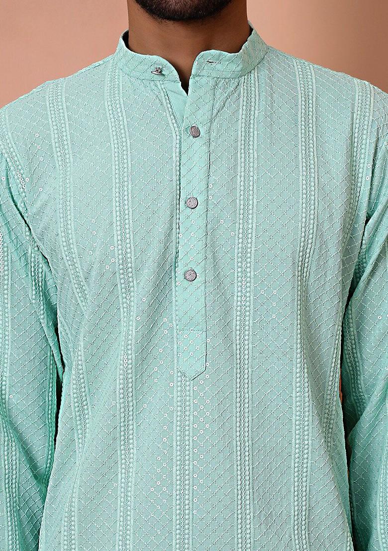 Turquoise Blue Embroidered Poly Blend Kurta For Men