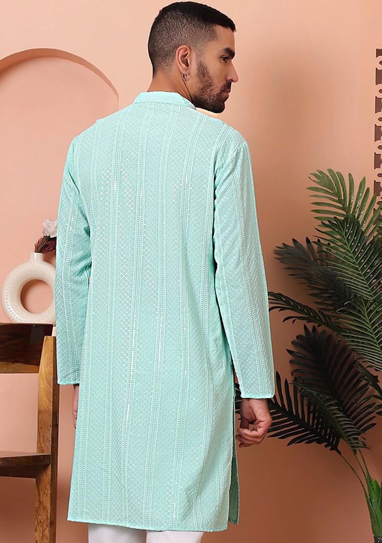 Turquoise Blue Embroidered Poly Blend Kurta For Men