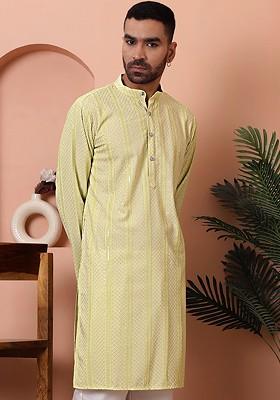 Green Embroidered Poly Blend Kurta For Men