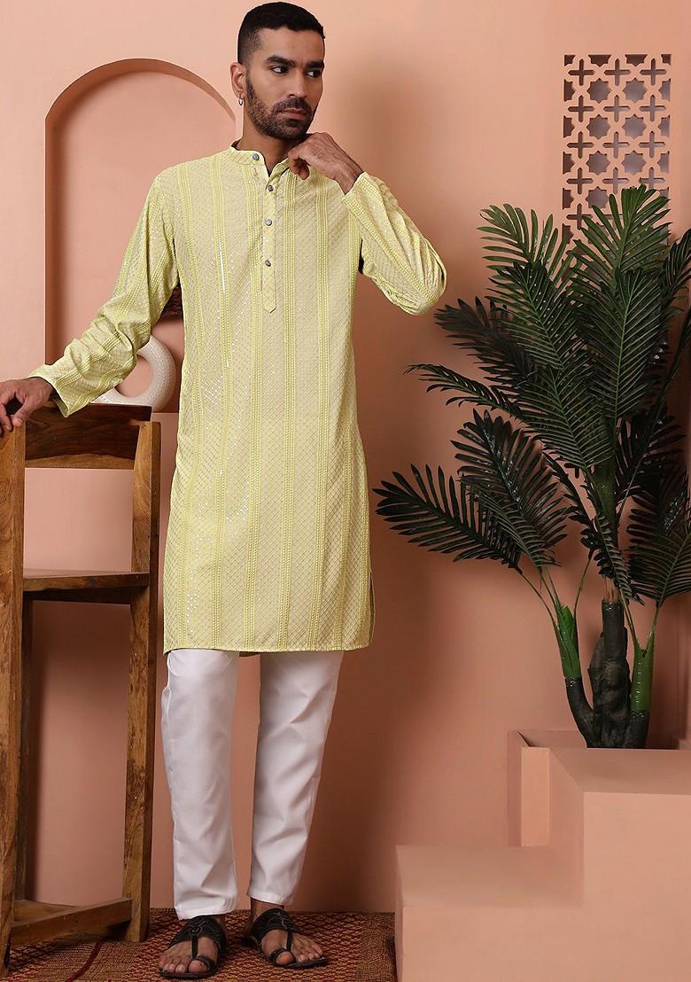 Green Embroidered Poly Blend Kurta For Men