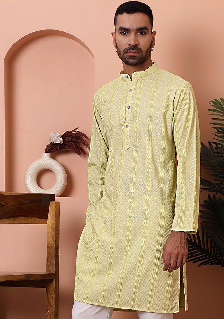 Green Embroidered Poly Blend Kurta For Men