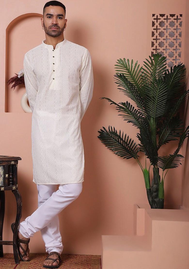 Cream Embroidered Poly Blend Kurta For Men