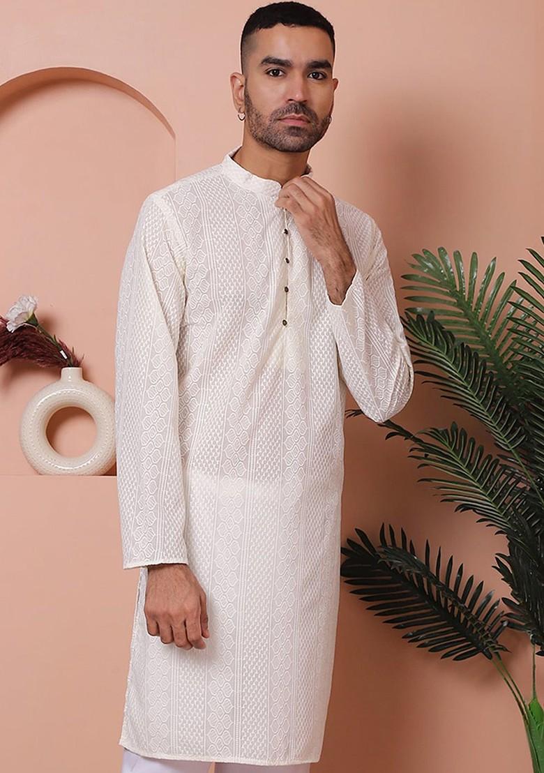 Cream Embroidered Poly Blend Kurta For Men