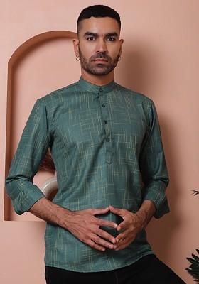 Olive Embroidered Poly Blend Kurta For Men