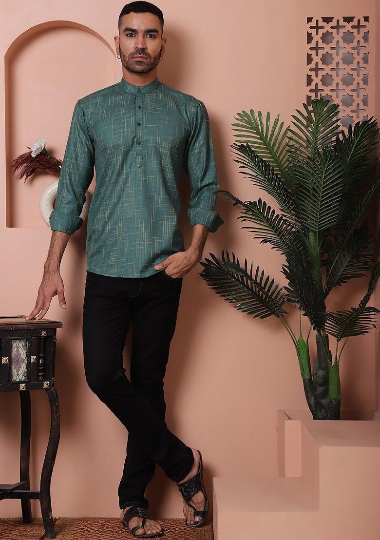 Olive Embroidered Poly Blend Kurta For Men