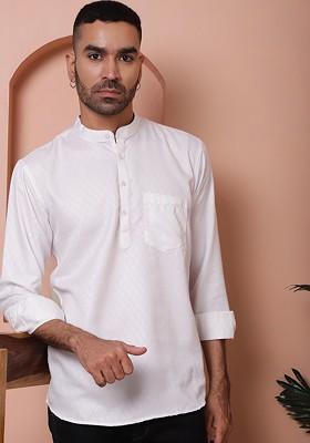 White Woven Design Poly Blend Kurta For Men