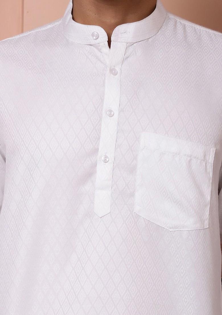 White Woven Design Poly Blend Kurta For Men